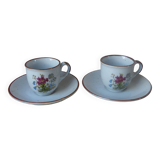 Ensemble de deux tasses avec soucoupe fleuries en grès des années 1980