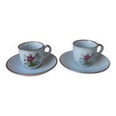 Ensemble de deux tasses avec soucoupe fleuries en grès des années 1980