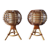 Paire de lampes boules en rotin 60-70