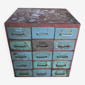 Flambo industrial metal trade furniture, locker with 15 vintage drawers 1950