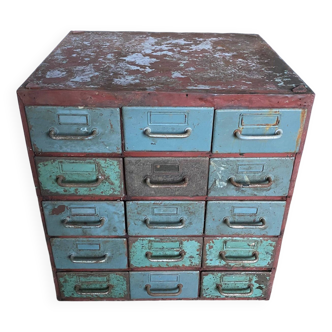 Flambo industrial metal trade furniture, locker with 15 vintage drawers 1950