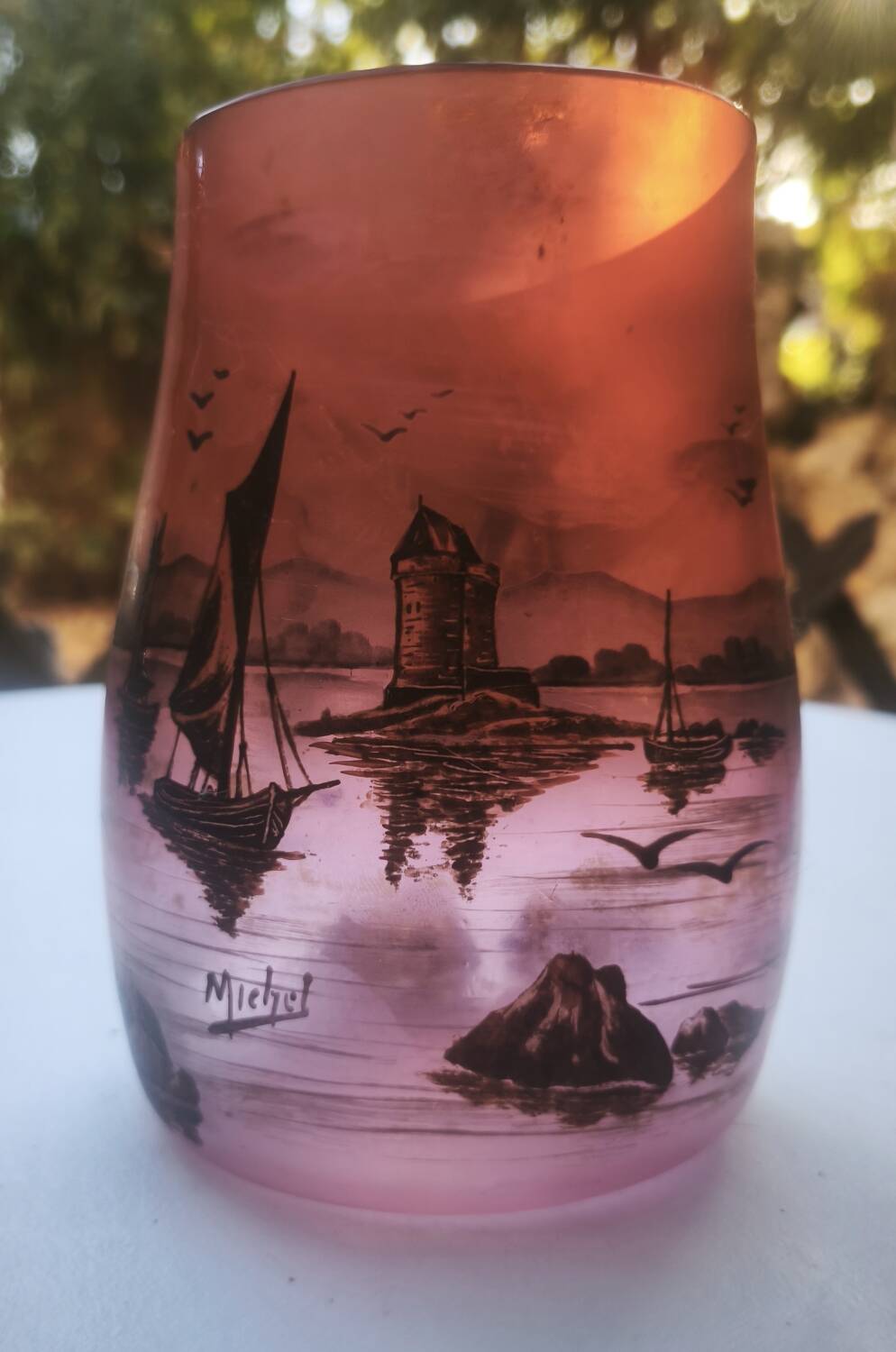 Vase signed Michel with a lakeside decoration.