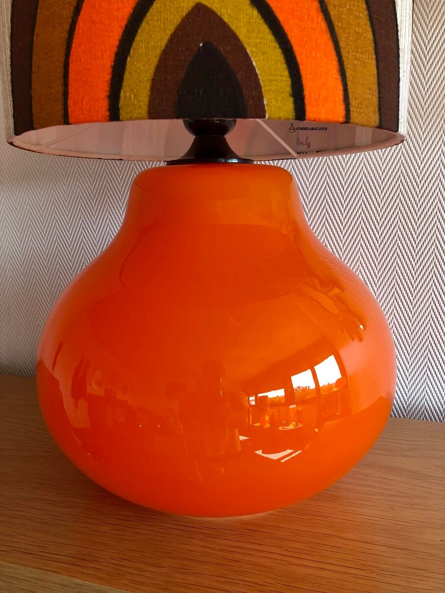 Orange opaline table lamp and vintage fabric