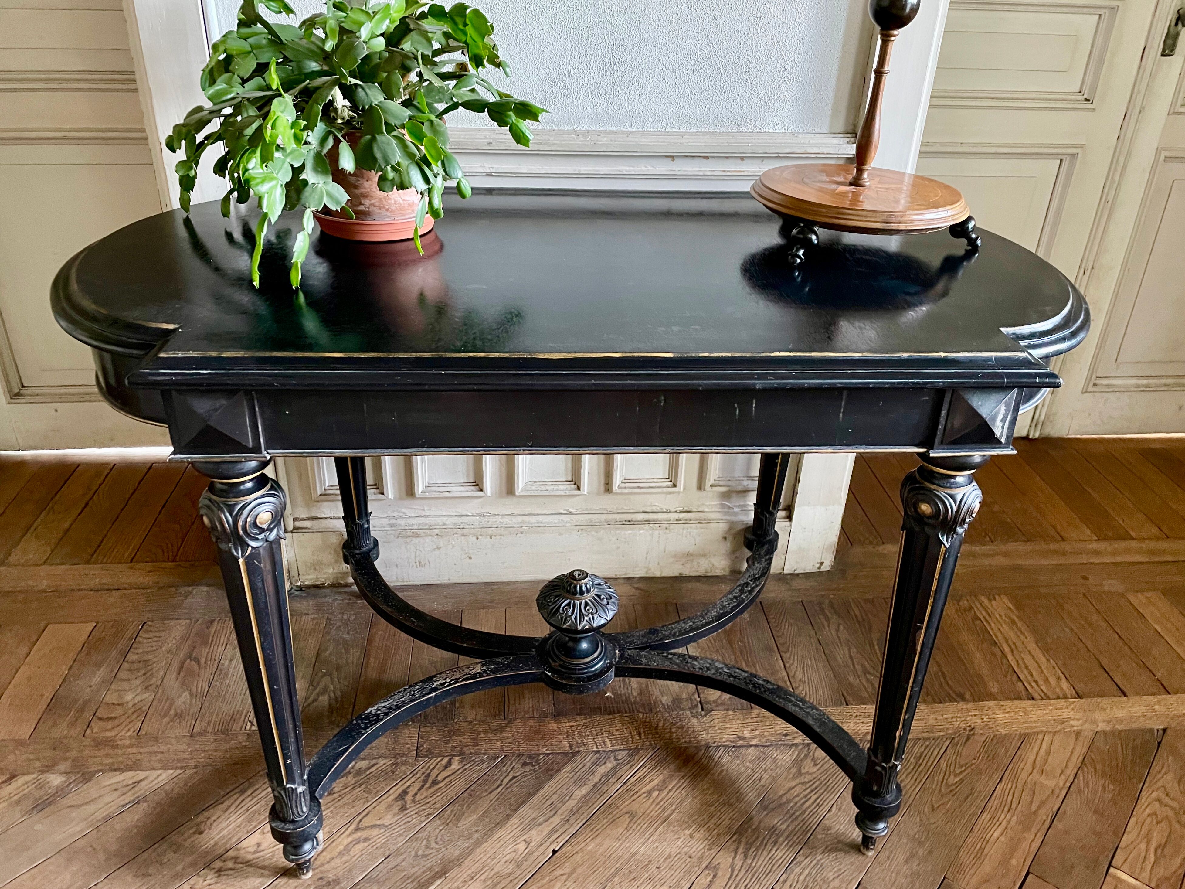 Table Pedestal table Napoleon III XIXth in black and gilded wood