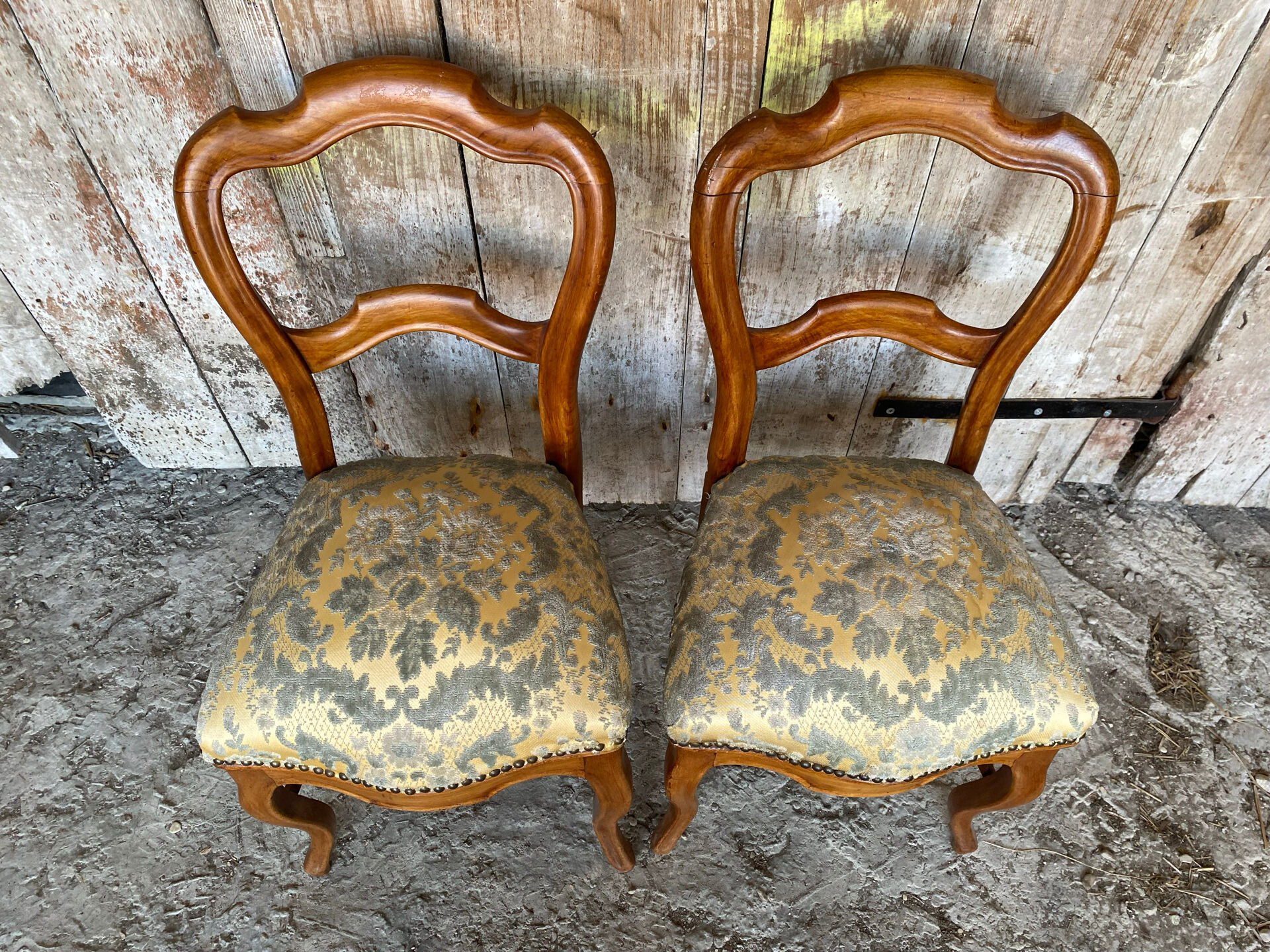 Pair of Antique Louis Philippe Chairs Wood + Fabric Seat 19th Century Vintage