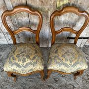 Pair of Antique Louis Philippe Chairs Wood + Fabric Seat 19th Century Vintage