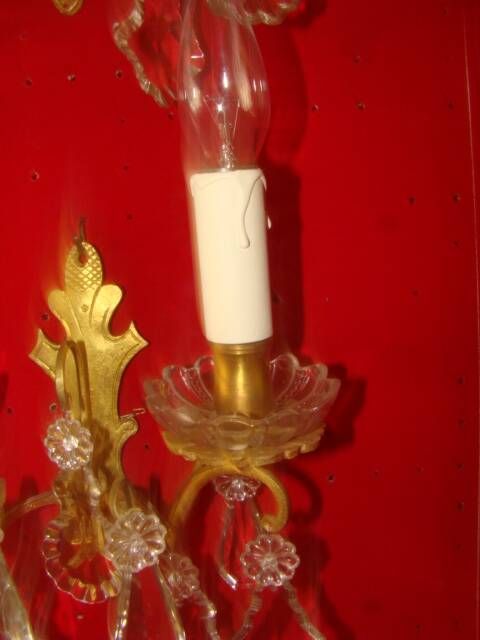 Pair of bronze and crystal wall lights with 2 arms of light