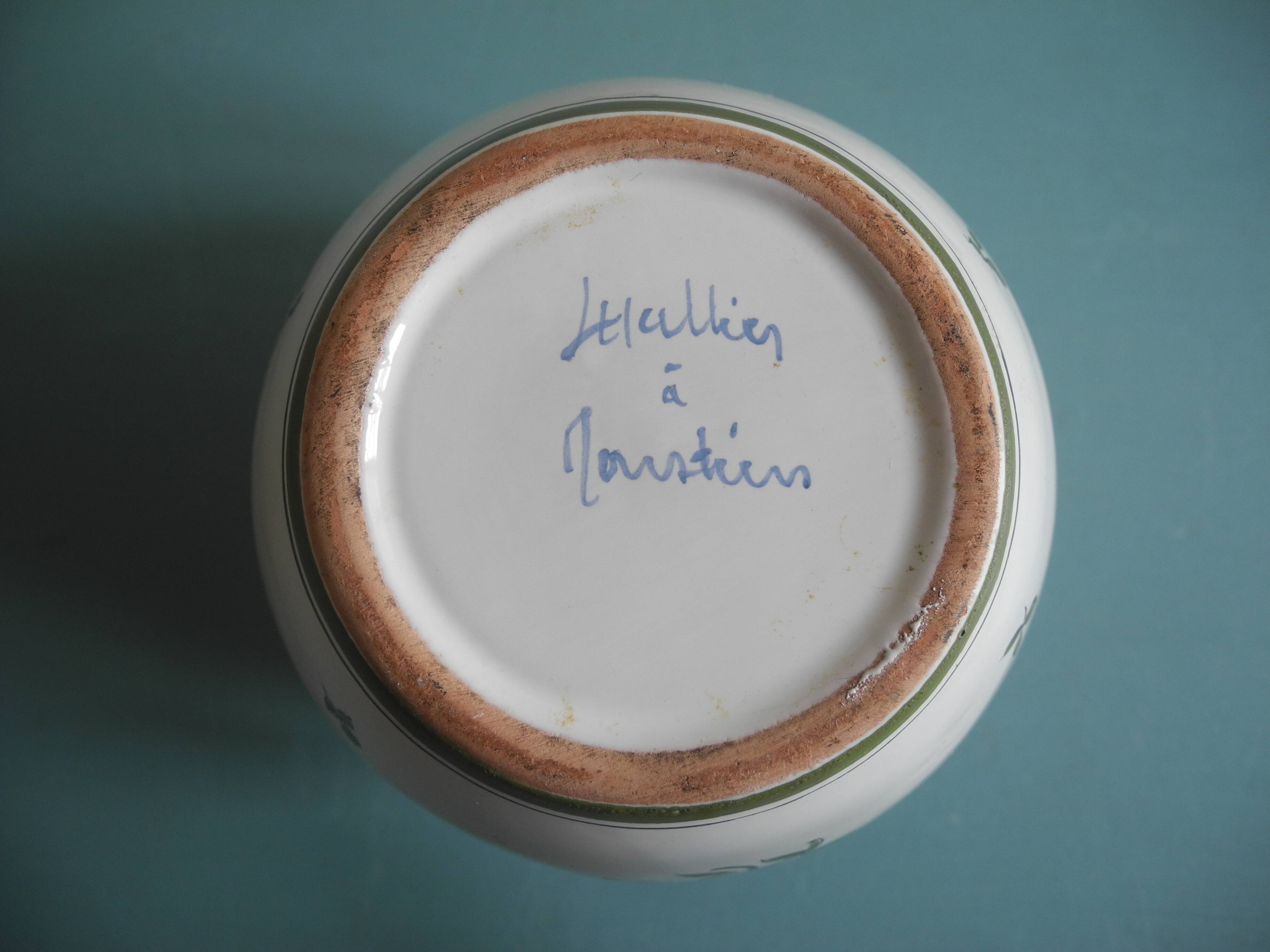 Lallier Moustiers vintage French vase bouquetière with floral decoration in faience.