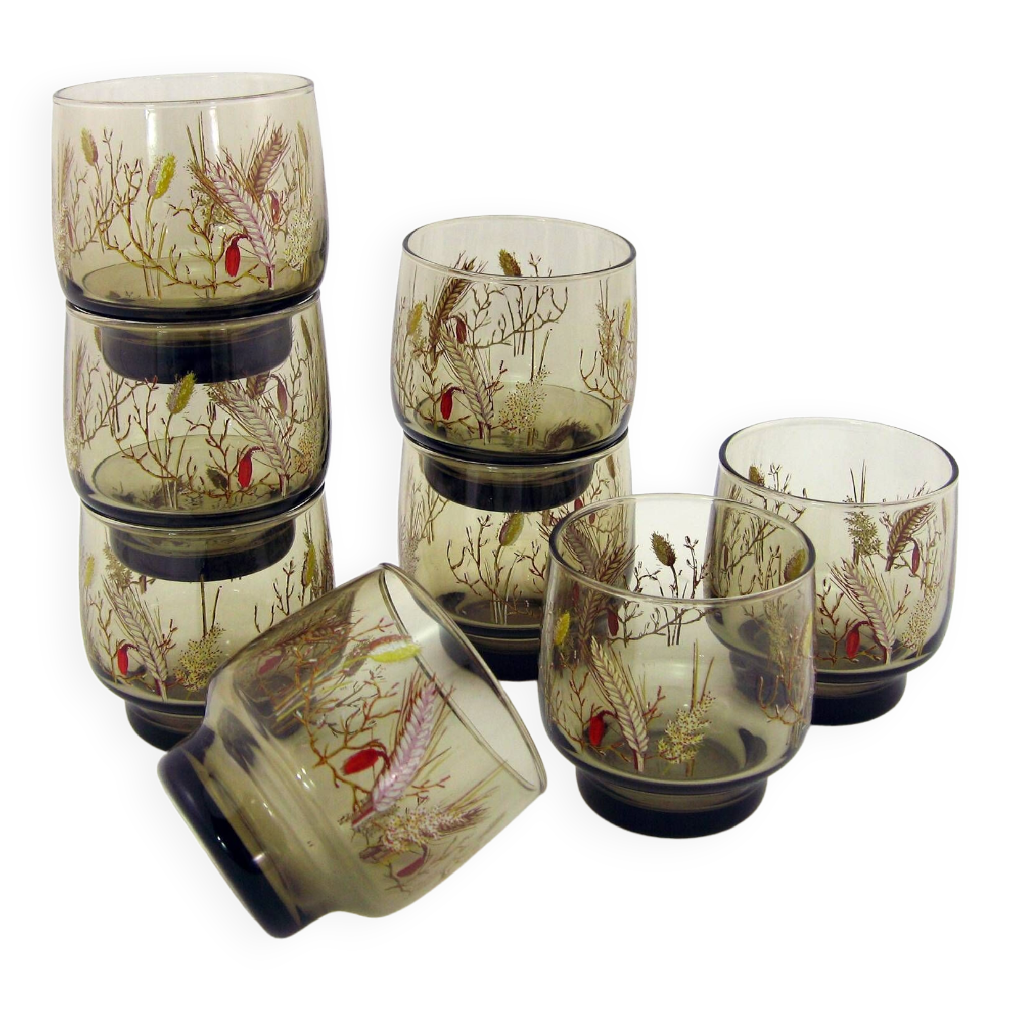 8 smoked glass goblets - Tivoli Luminarc Arcoroc France - vintage 70s