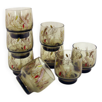 8 smoked glass goblets - Tivoli Luminarc Arcoroc France - vintage 70s