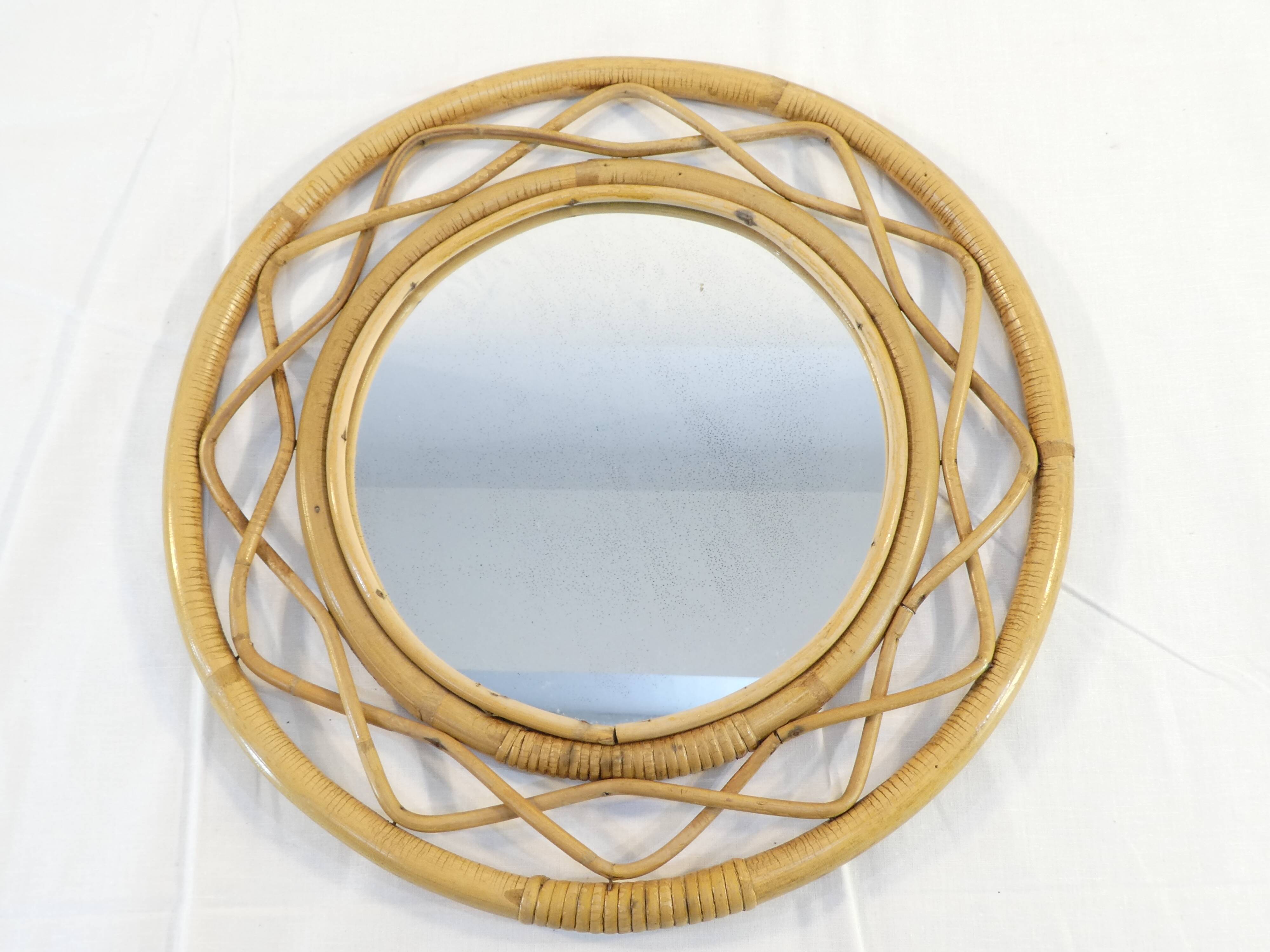 Vintage round rattan mirror