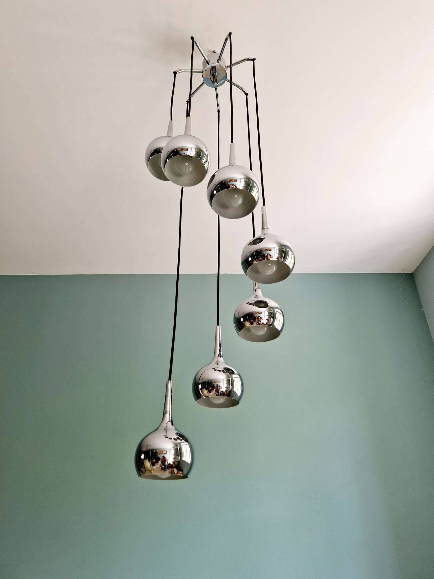 Large chrome metal cascade chandelier, design by Hans-Agne Jakobsson, 1960-70.