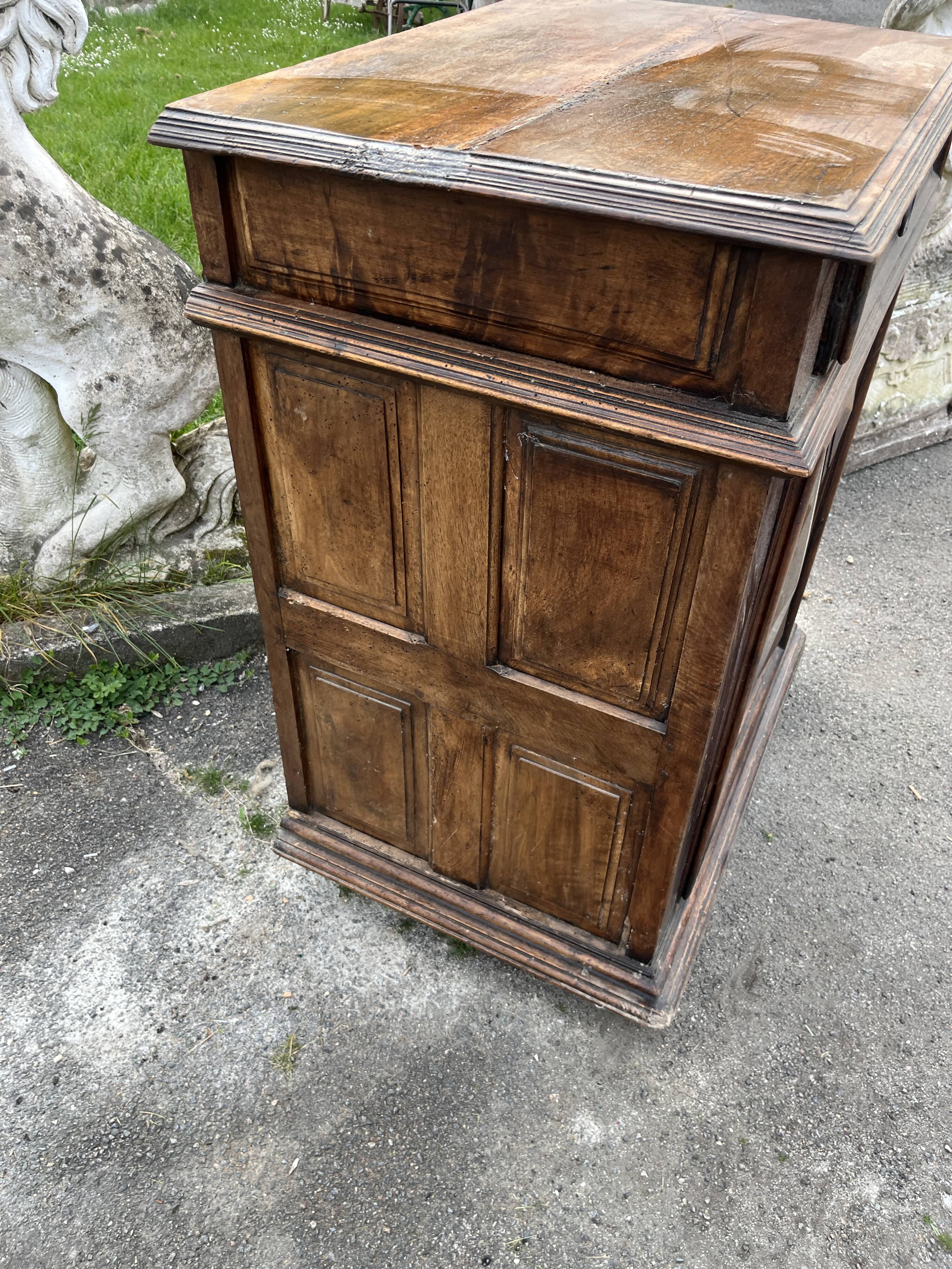 Antique walnut confiturier in Louis XIII style with diamond point panel.