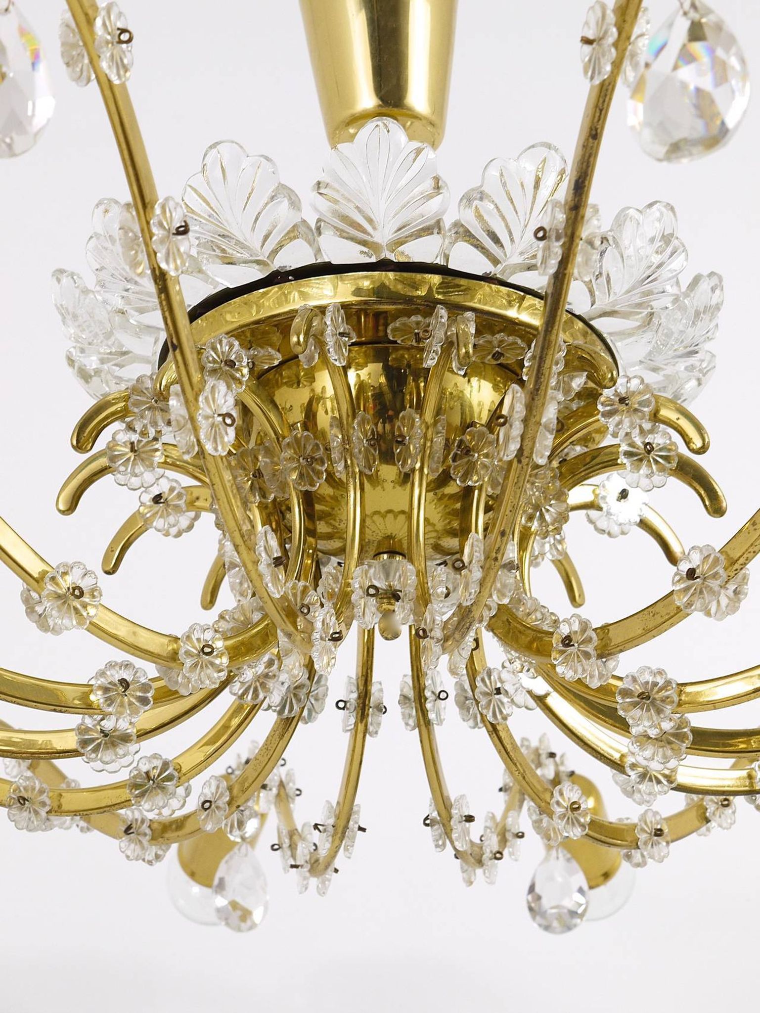 Mid-century floral brass and crystal chandelier by Lobmeyr, 1950s, Austria.