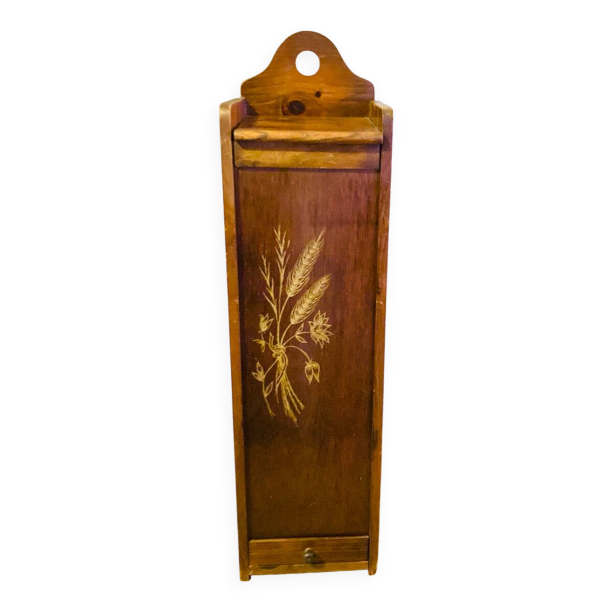 1980s solid wood bread bin decorated with a golden wheat sheaf