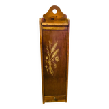 1980s solid wood bread bin decorated with a golden wheat sheaf