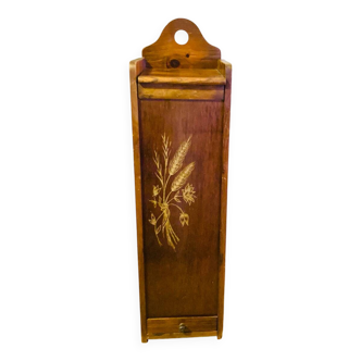 1980s solid wood bread bin decorated with a golden wheat sheaf