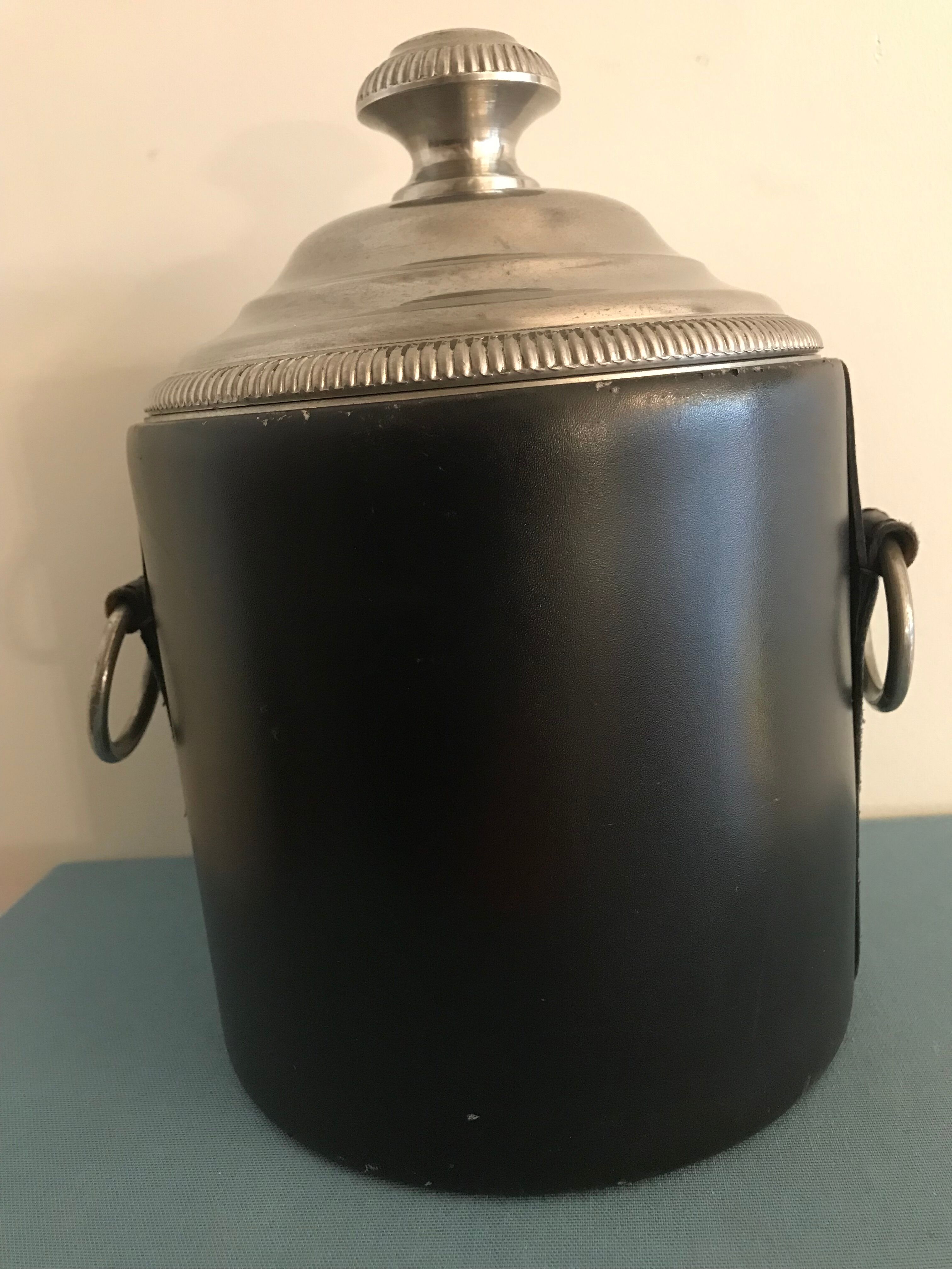 Round black leather ice bucket