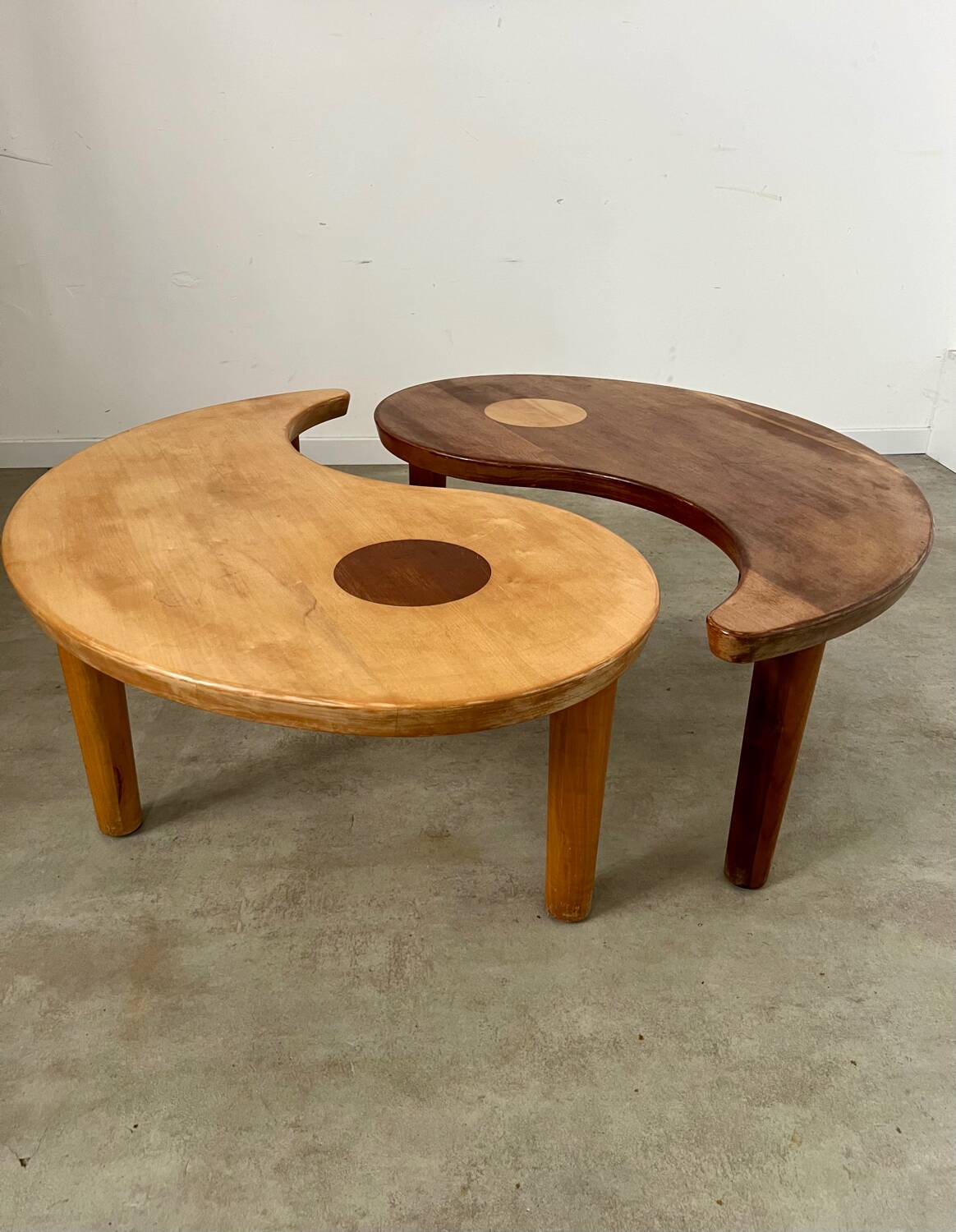 Solid wood coffee table with 2 Yin and Yang elements vintage 60s