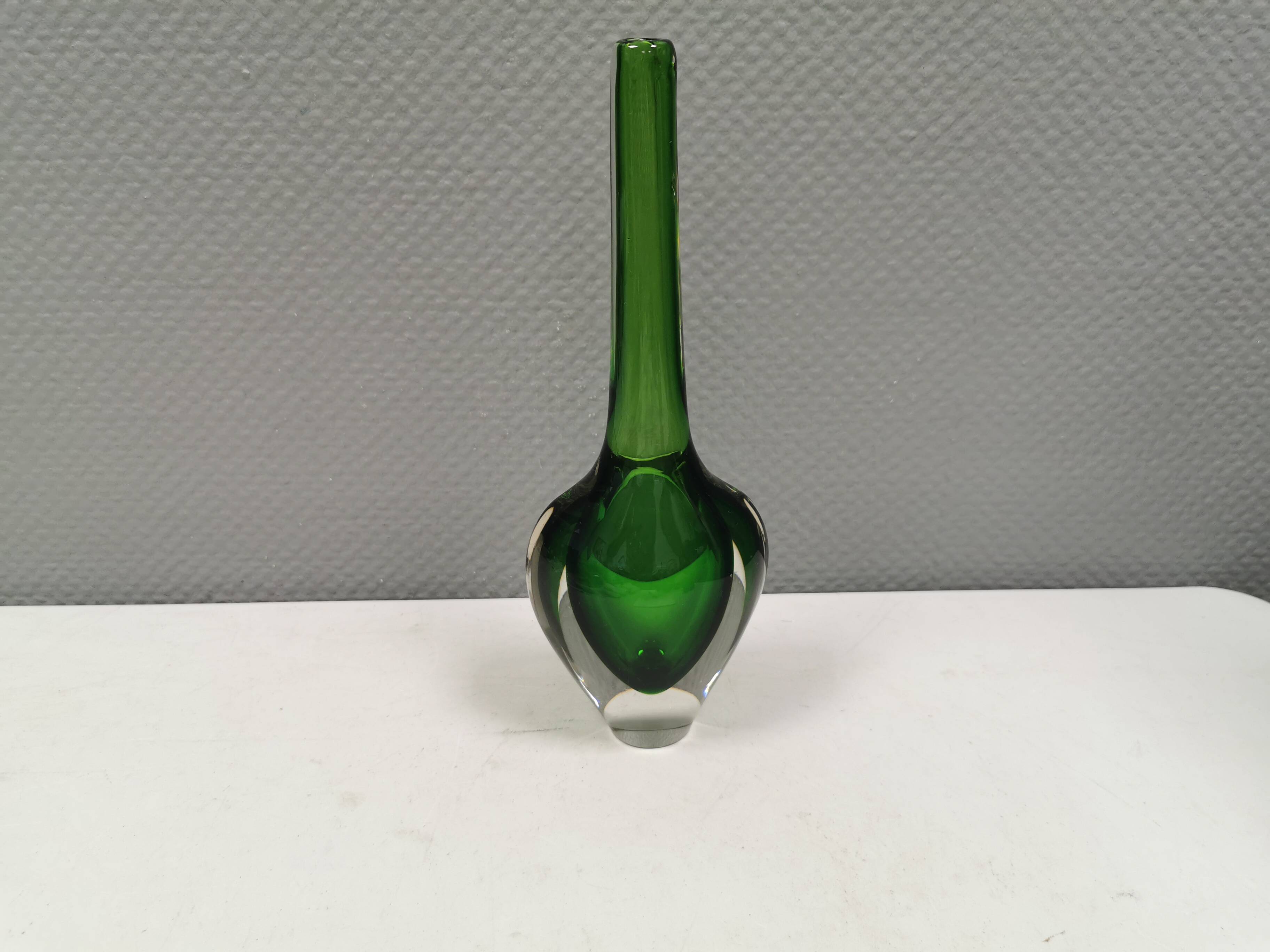 Handmade Murano vase in green and transparent. Estimated 1970-1980