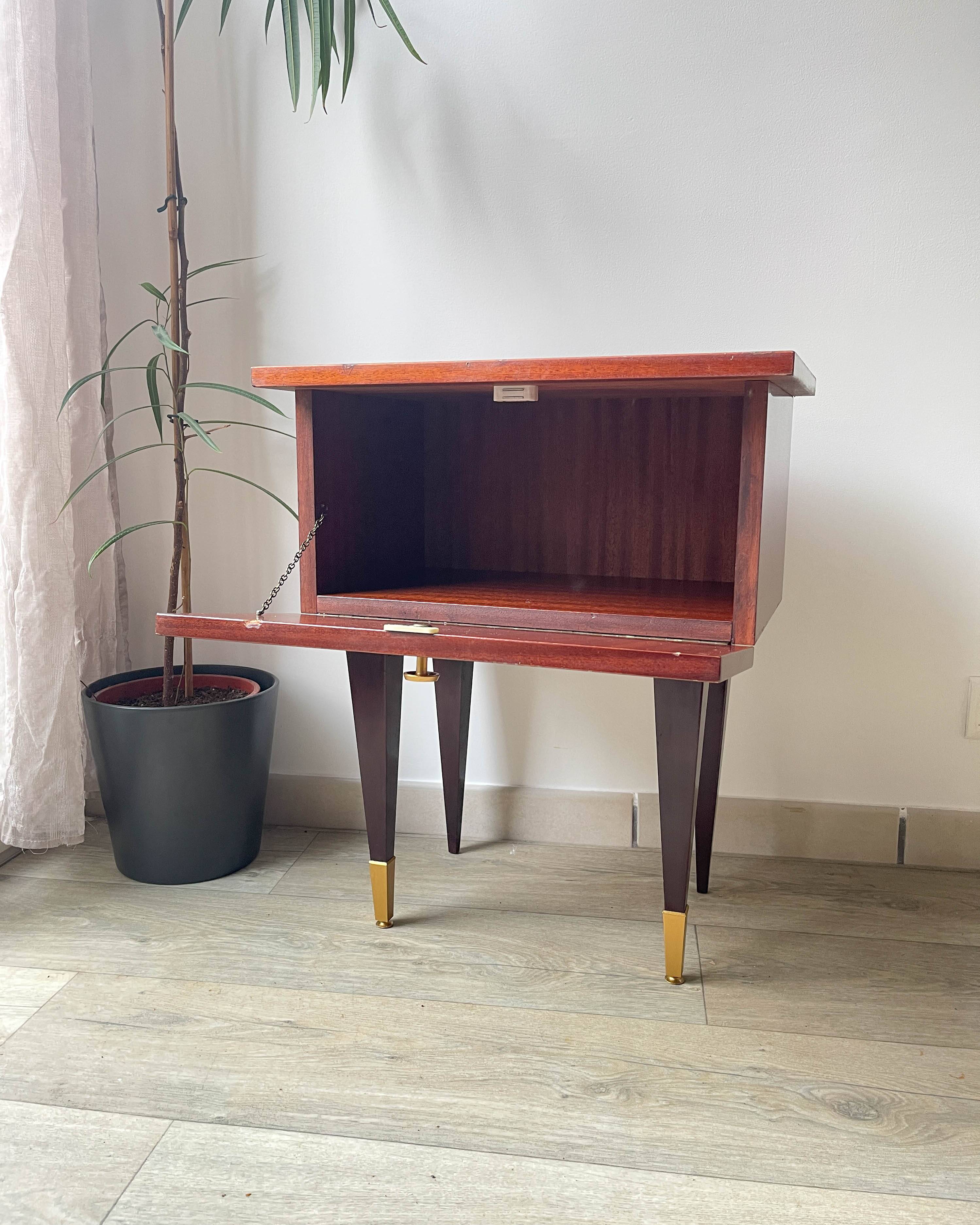 Vintage wood and brass bedside table, 1950s