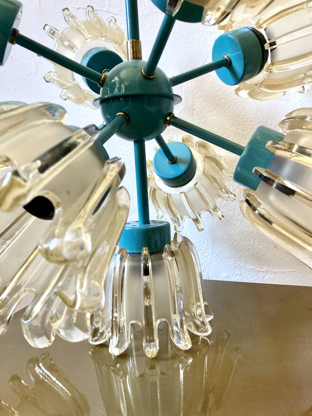 Turquoise glass and metal chandelier with 9 lights, Leclaire & Schäfer, 1960