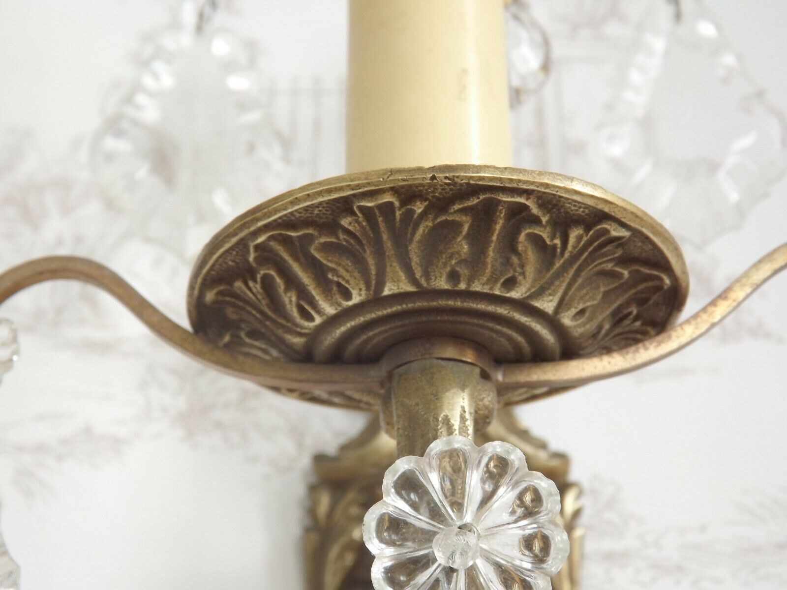 Pair vintage french ornate single wall lights with crystal drops 3138