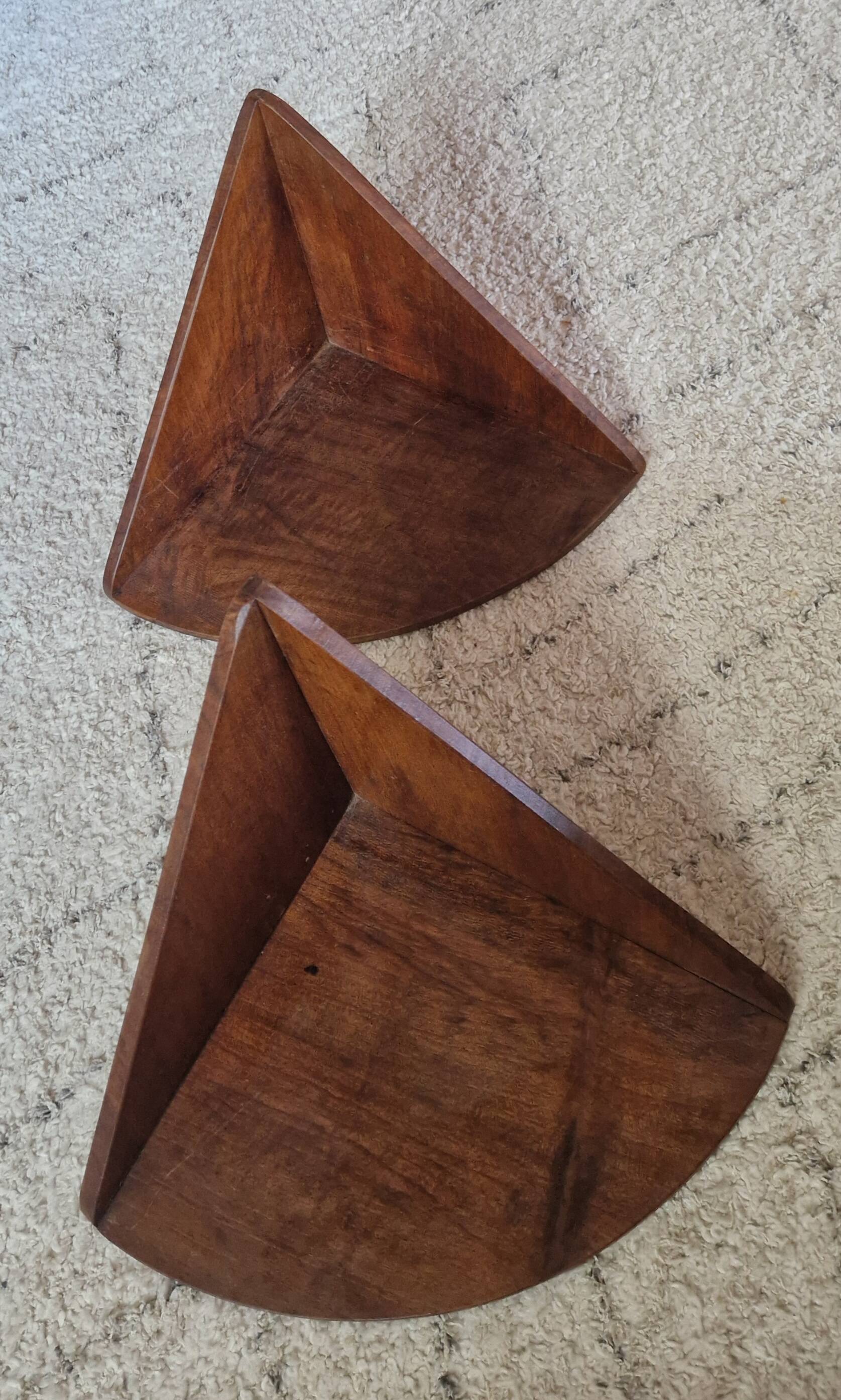 Pair of small wooden corner shelves, circa 1950