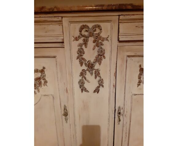 Sideboard 2 doors and 2 drawers with floral decorations, white patinated furniture
