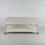 Coffee table in lacquered steel "cream", double trays, France, circa 1970