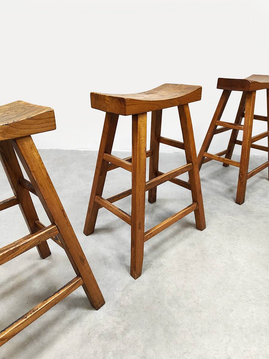 Brutalist vintage wooden curved bar stools