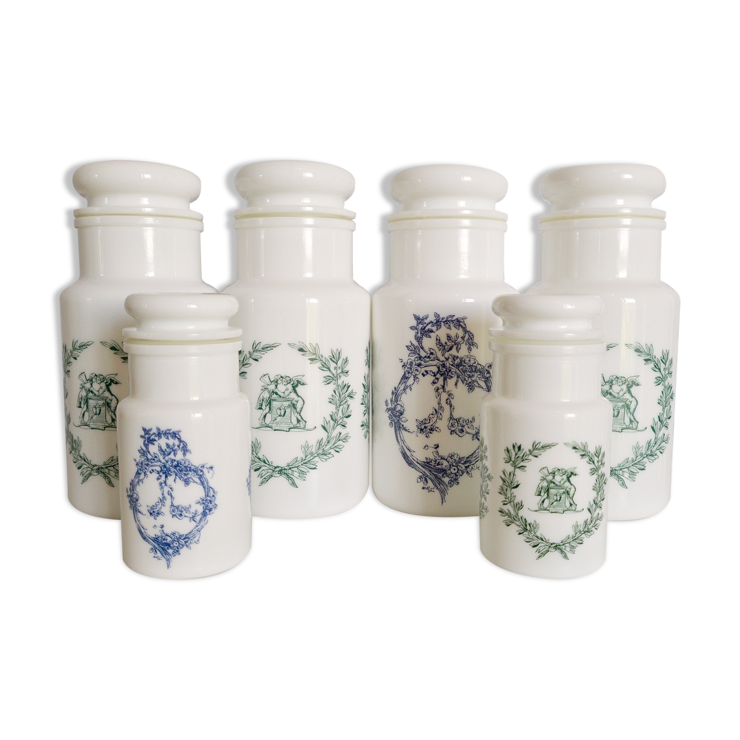 Set of 6 apothecary pots in white opaline 70s