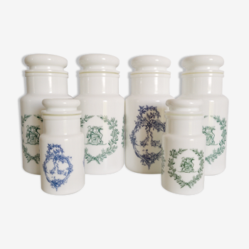Set of 6 apothecary pots in white opaline 70s