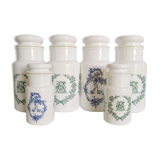 Set of 6 apothecary pots in white opaline 70s