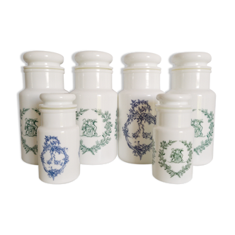 Set of 6 apothecary pots in white opaline 70s