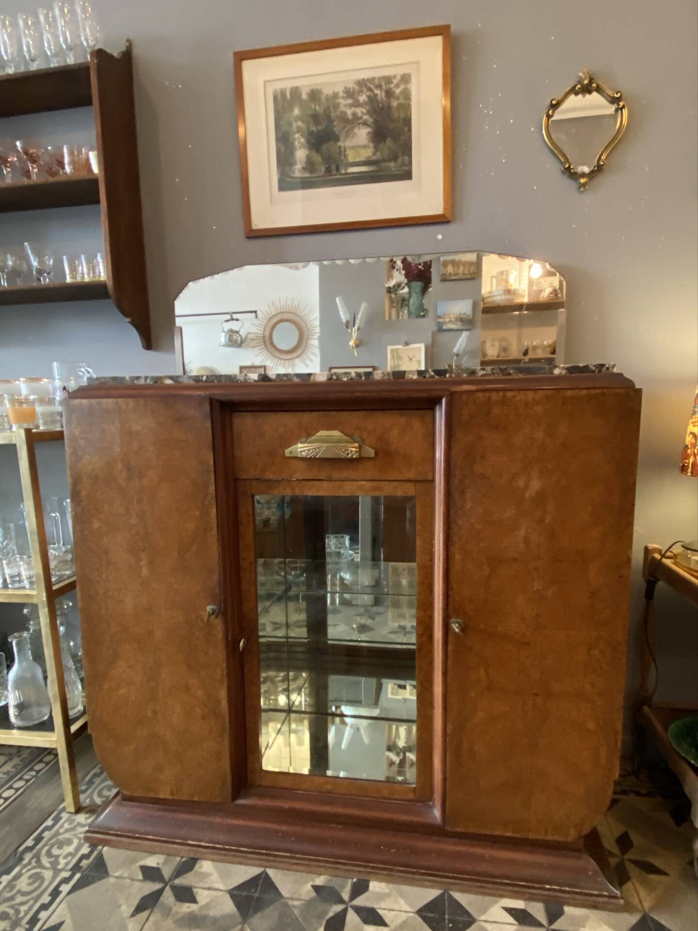 Art Deco wooden sideboard with mirror and marble