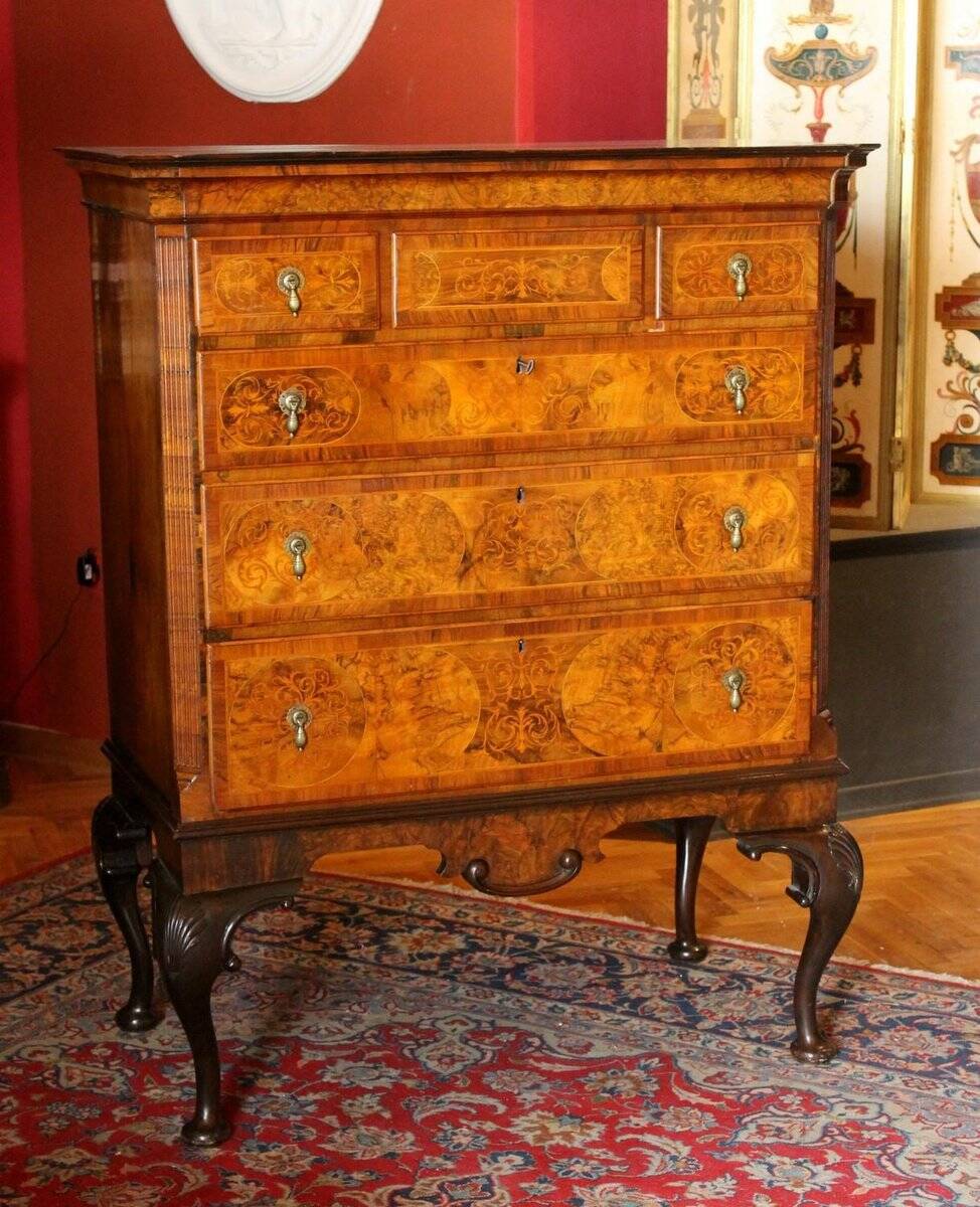 George II Burl Walnut and Marquetry Hightboard, 1890s