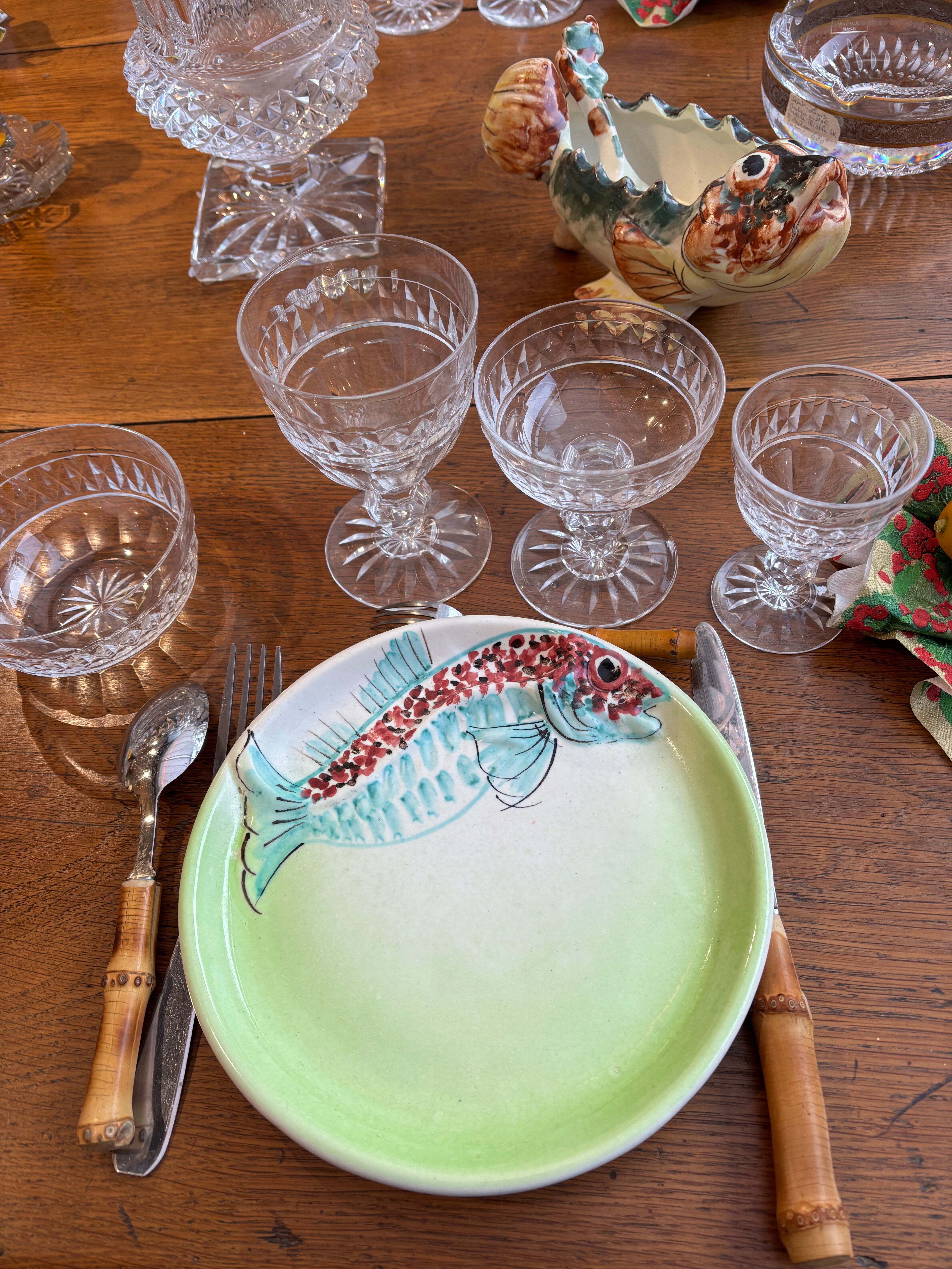 Vintage ceramic service from Vallauris. Fish decor. 1960s.