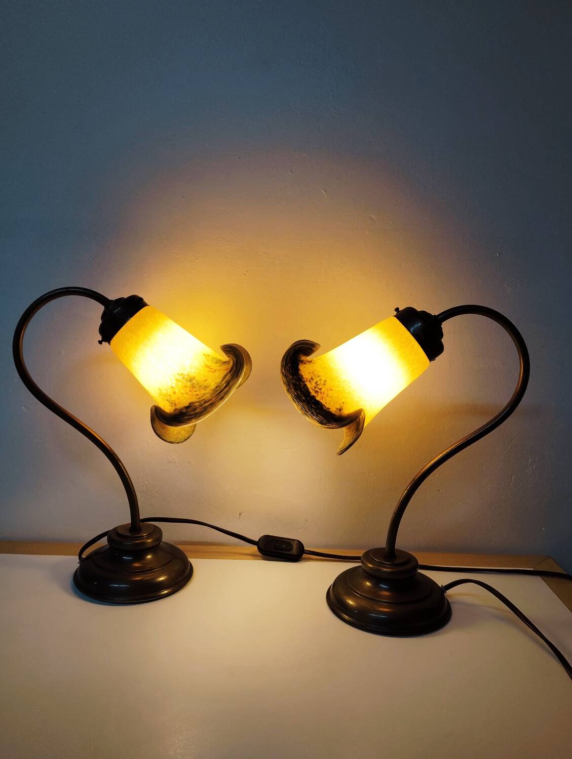 Pair of tulip swan neck bedside lamps in glass paste