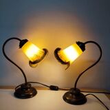 Pair of tulip swan neck bedside lamps in glass paste