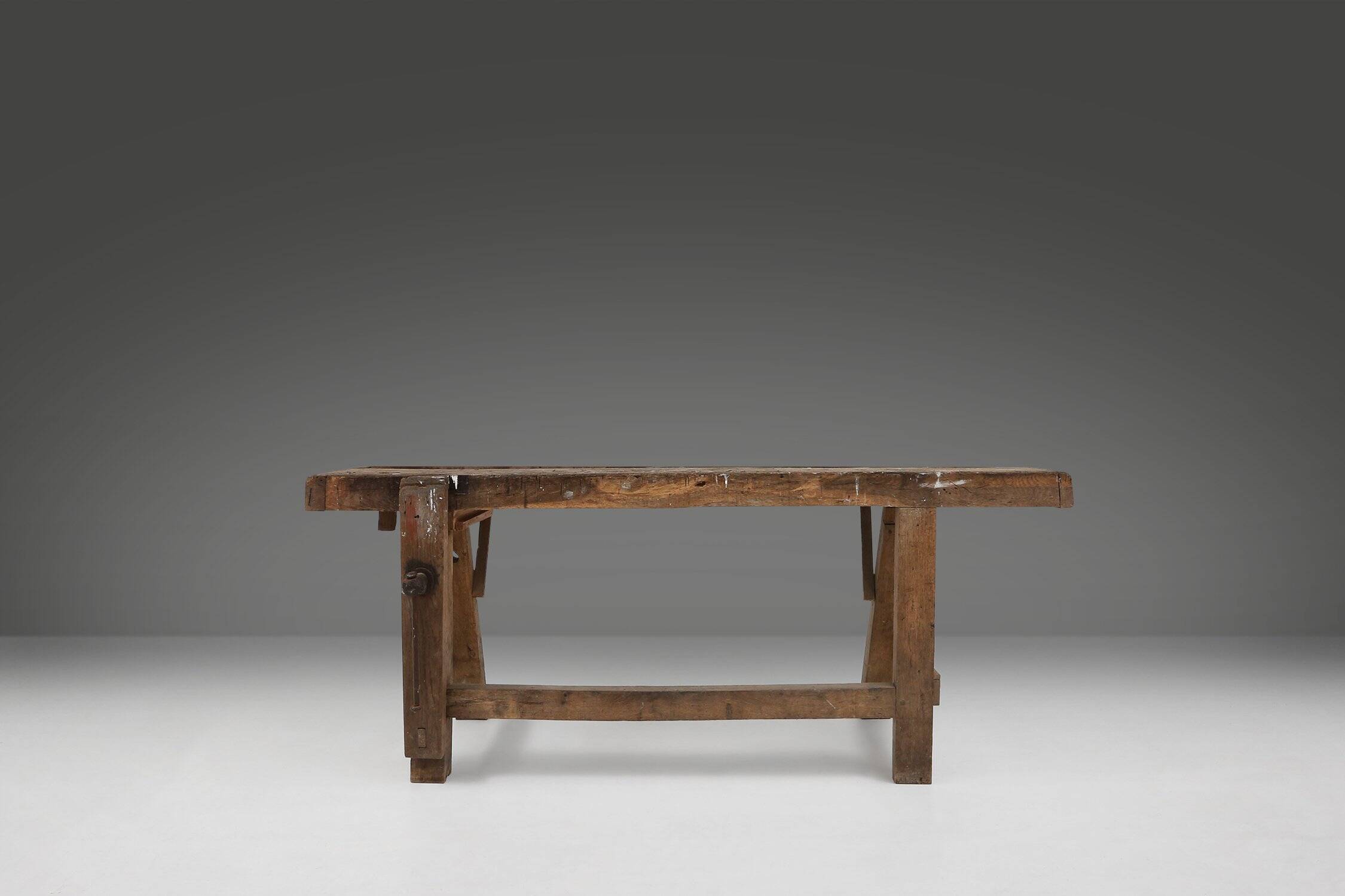 Industrial solid oak Workbench, Belgium ca. 1900