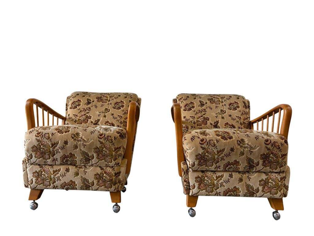 Set of 2 vintage wooden armchairs / club chairs