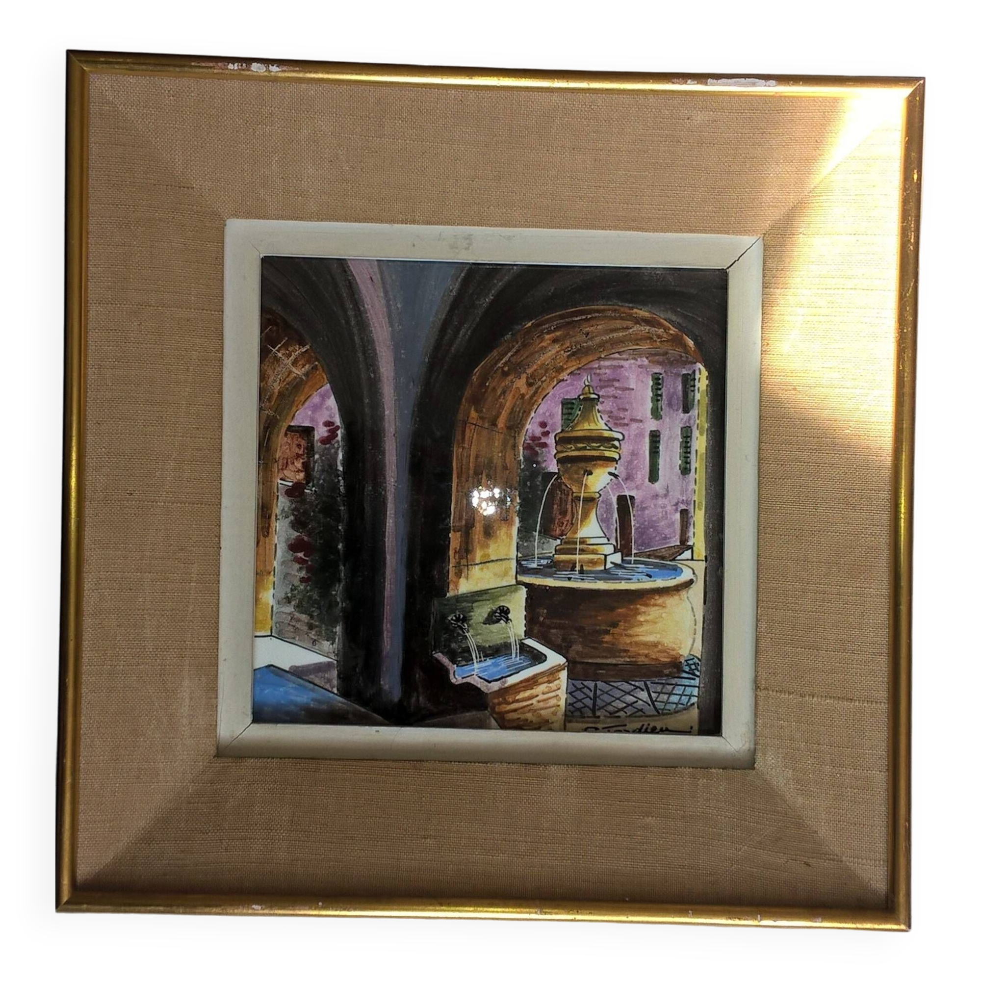Painting frame painted on ceramic by g. tardieu city of biot fountain