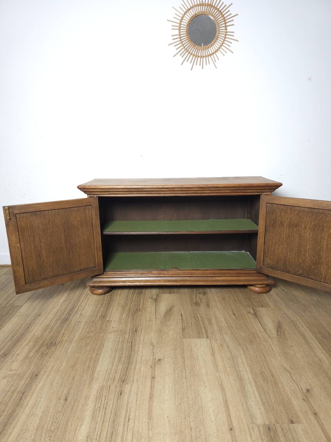 Small two-door oak sideboard, geometric design, mid-century.