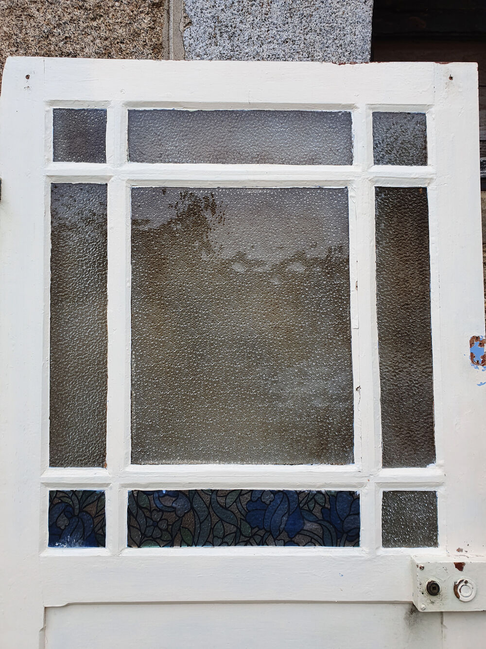 Old glass door, cathedral glass, wood, vintage