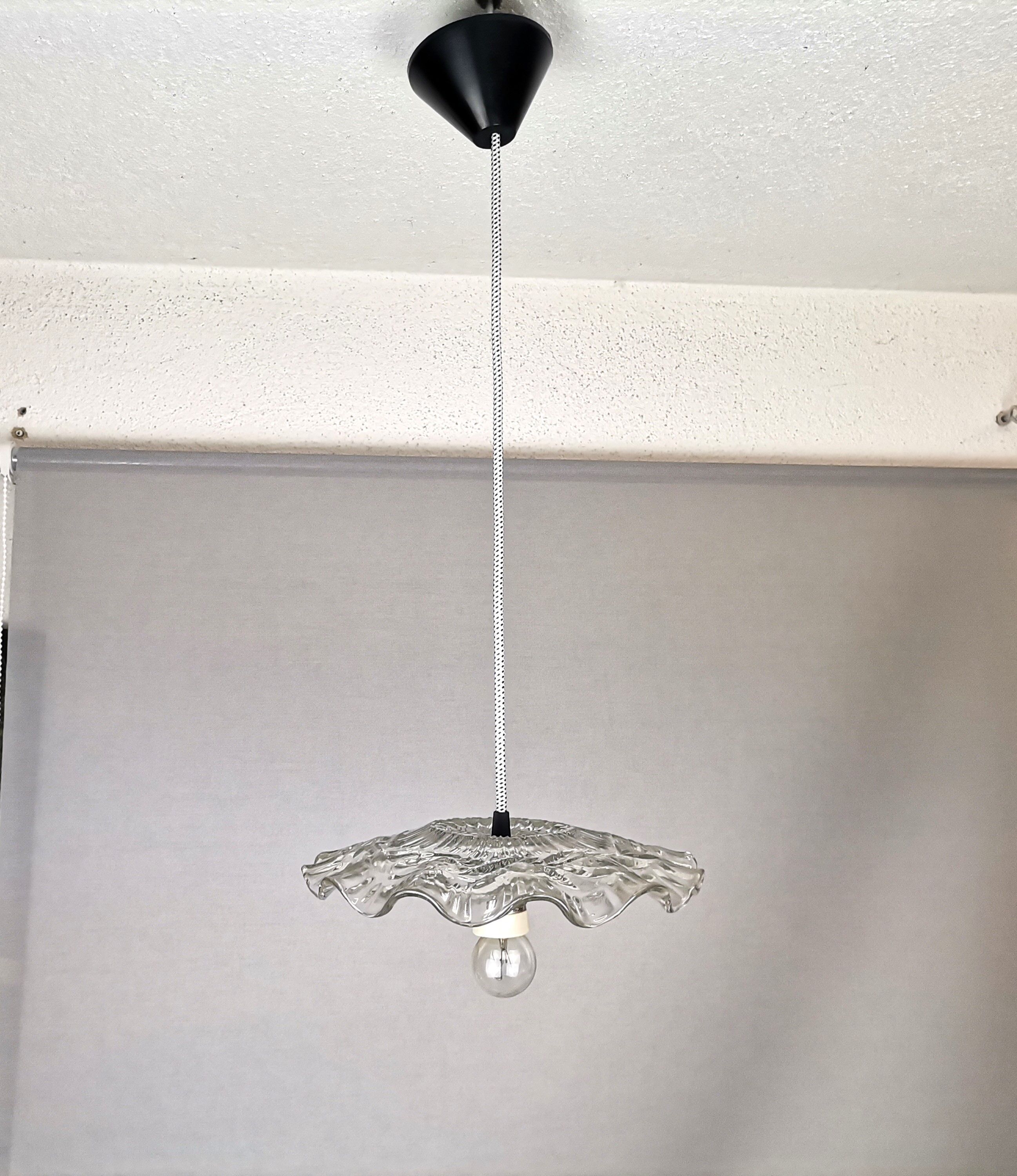 Portuguese farmhouse mid century clear floral glass dish pendant lamp 1960s