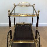 Rolling table in brass and mahogany with removable trays