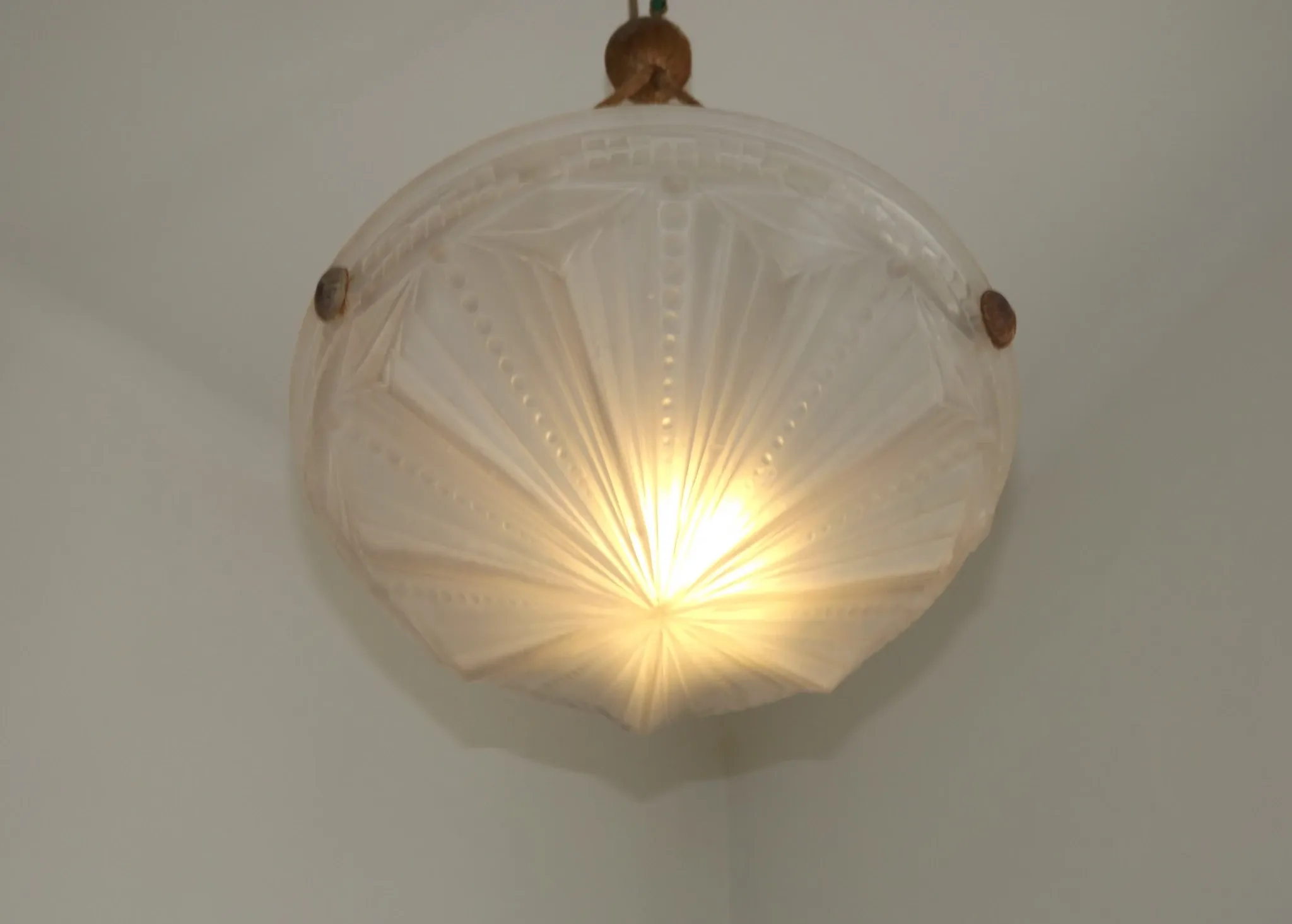 French Vintage Art Deco White Glass Abstract Platformier Ceiling LIght