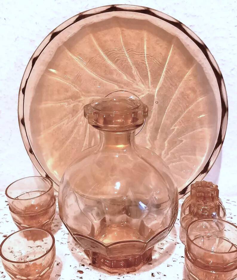 Ensemble Art Deco Carafe Verres Plateau en verre rose