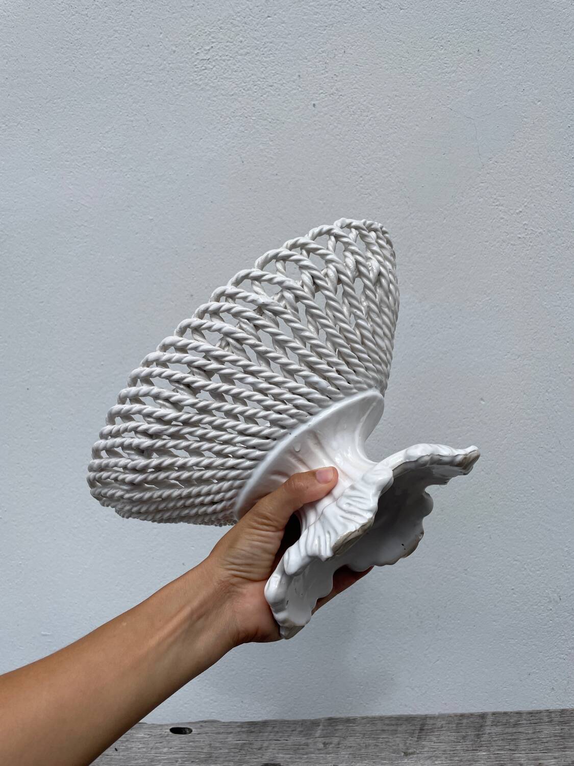 White woven ceramic fruit bowl